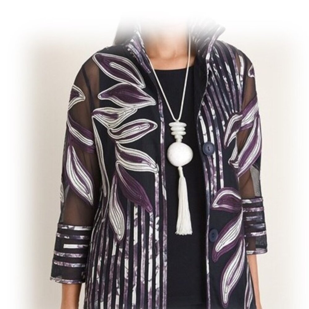 CHICOS Travelers Collection Semi Sheer Floral Striped Embroidered Jacket Shirt